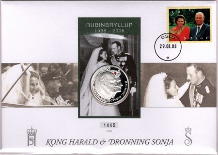 Kongelig myntbrev, nr. 1001 - Rubinbryllup 1968-2008 (Sølv)