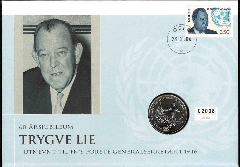 Mynt: Minnemynt 5 kr. 1995 (FN). Frimerker: Frimerke med portrett av Trygve Lie i forbindelse med 50-års jubileet for stifting av FN. Stempel: Oslo, 29.01.2006, da Lie ble valgt til FN's første generalsekretær. Opplag: 12.000 Stk. // Bakark medfølger