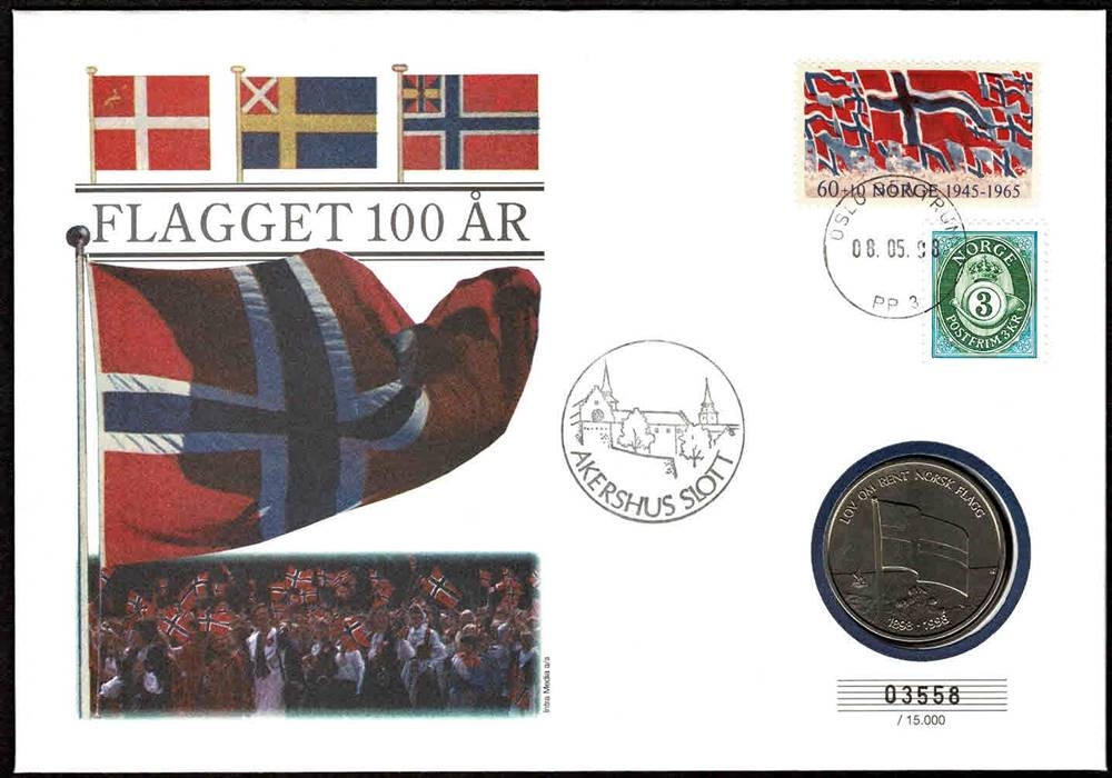 Medalje: Preget ved DKM, med motiv av det norske flagget.
Frimerker: Posthorn og frigjøringsfrimerket utgitt 01.05.1965.
Stempel: Oslo, 08.05.1998 Frigjøringsdagen, sidestemplet fra Akershus slott.
Opplag: 15.000 Stk. // Bakark medfølger.
