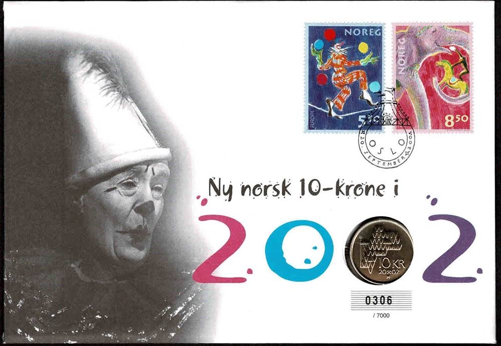 Mynt: Ny norsk 10-krone 2002, utgitt av NB i 2002. 
Frimerker: 2 Europafrimerker med motiv sirkus.
Stempel: Førstedagsstemplet på frimerkets utgivelsesdag 20.09.2002.
Opplag: 7.000 Stk. // Bakark medfølger.
