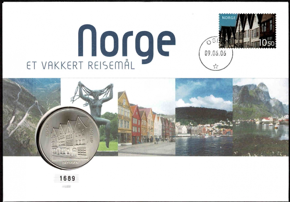 Medalje: Medalje med motiv fra Bryggen i Bergen.
Frimerker: Frimerke fra ett av årets seks turistmerker med motiv fra Bryggen i Bergen.
Stempel: Oslo, 09.06.2006, på frimerkets utgivelsesdag.
Opplag: 15.000 Stk. // Bakark medfølger.
