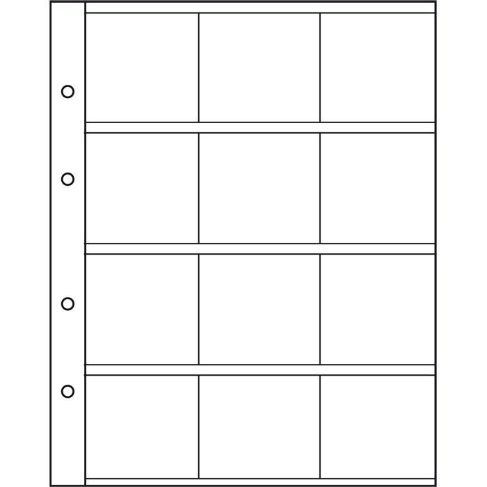 Krystallklare myntark med innlegg, uten kjemiske tilsetningsstoffer og syrer gir trygg oppbevaring av myntene. Arkstørrelse: 193 X 217 mm. Med hvite mellomark av kartong.
12 rom for mynter i myntrammer.