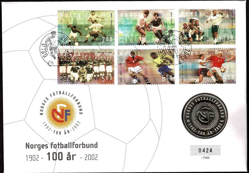 Medalje: Norges Fotballforbunds offisielle jubileumsmedalje, preget ved DKM. 
Frimerker: 6 offisielle jubileumsfrimerker, utgitt i anledning jubileet.
Stempel: Førstedagsstemplet 20.09.2002.
Opplag: 7.000 Stk. // Bakark medfølger.
