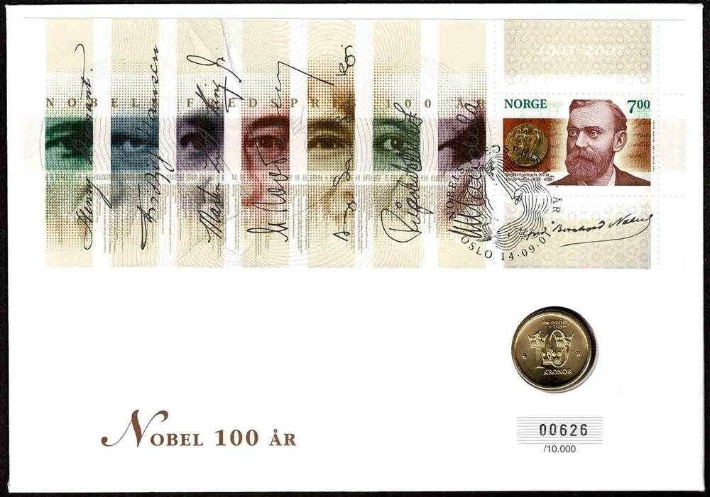 Mynt: Svensk 10-krone utgitt til jubileumsåret 2001. 
Frimerke: Offisiell frimerkeutgivelse som hedrer Nobels fredspris 100-års jubileum.
Stempel: Offisielt førstedagsstemplet i Oslo, 14.09.2001.
Opplag: 10.000 Stk. // Bakark medfølger.
