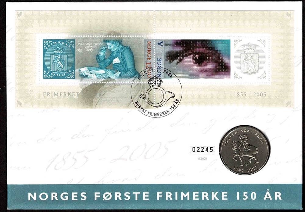 Mynt: NB minnemynt fra Postens 350-års jubileum i 1997. Frimerker: Miniark som illustrerer norsk frimerkehistorie, samtid og fremtid. Stempel: Oslo, 17.11.2005, på frimerkenes utgivelsesdag. Opplag: 12.000 Stk. // Bakark medfølger