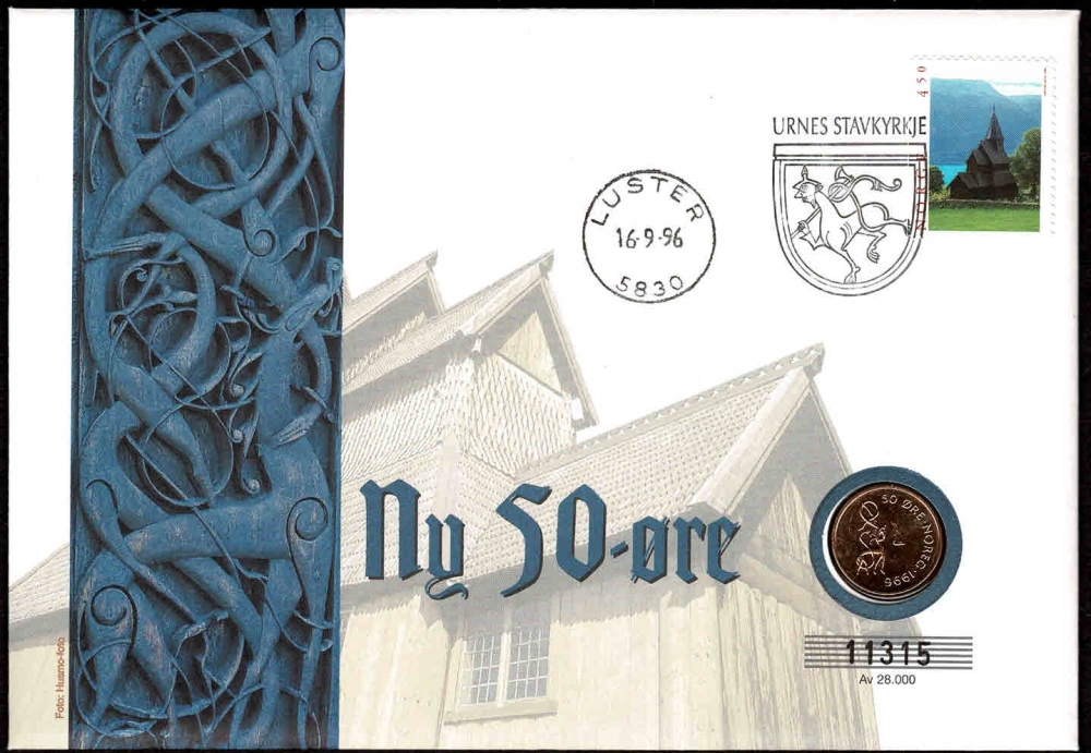 Mynt: 50 øre fra 1996.
Frimerker: Turistmerke 1996, Urnes Stavkirke.
Stempel: 16.09.1996 i Luster, Sogn, på myntens utgivelsesdag. Motivstempel med fabeldyr.
Opplag: 28.000 Stk. // Bakark medfølger.
