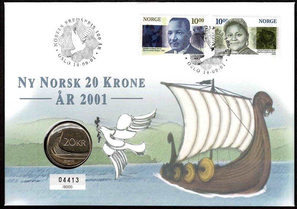 Mynt: Ny 20-krone utgitt av NB i 2001. Prydes av et klassisk og vakkert vikingskip og Harald V's porttrett. Frimerker: To av Postens Nobelutgivelser i 2001. Stempel: Offisielt førstedagsstemplet i Oslo, 14.09.2001. Opplag: 8.000 Stk. // Bakark medfølger