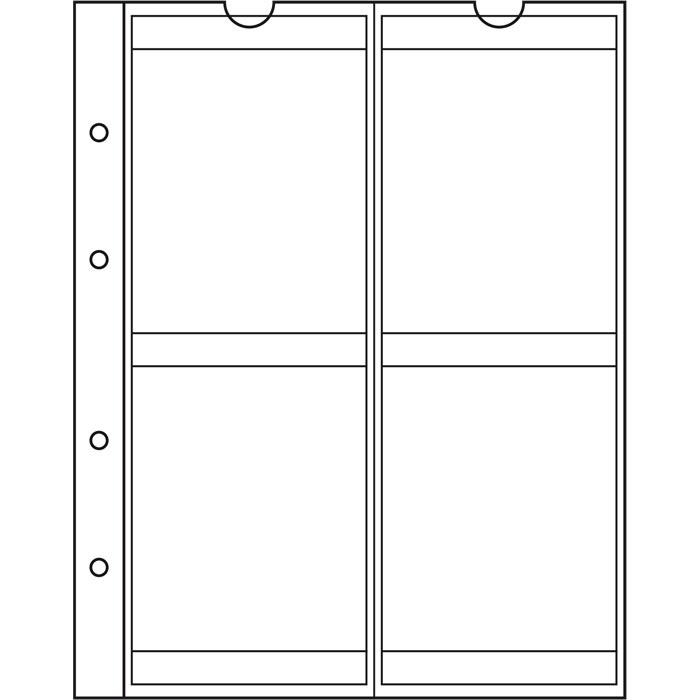 Krystallklare myntark med innlegg, uten kjemiske tilsetningsstoffer og syrer gir trygg oppbevaring av myntene. Arkstørrelse: 193 X 217 mm. Med hvite mellomark av kartong.
4 rom tilpasset mynter opp til 66 mm i diameter.