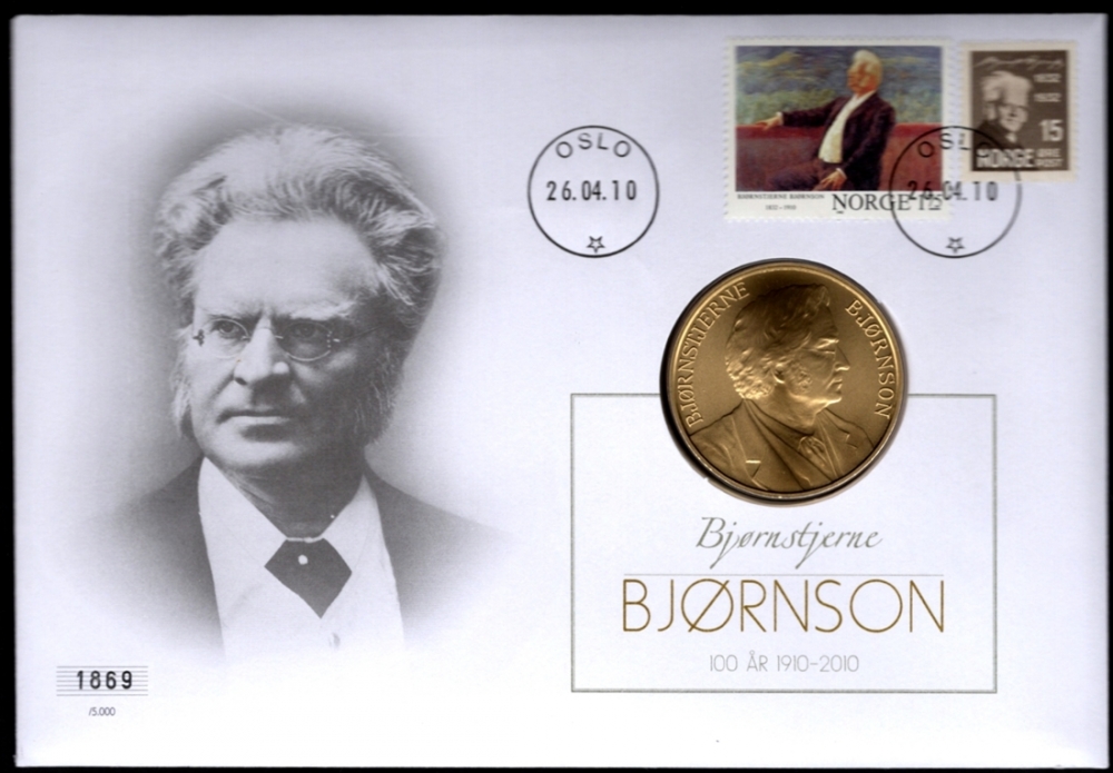 Medalje: Bjørnstjerne Bjørnson 100 år (1910-2010).
Frimerker: Portrettfrimerkene NK 186 og NK 918.
Stempel: Oslo 26.04.2010.
Opplag: 5.000 Stk. // Bakark medfølger.