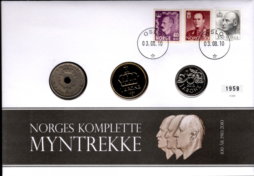 Mynter: 3 stk. 1 kr. fra våre 3 siste konger
Frimerker: NK 435,456 og 1166.
Stempel: Oslo 03.08.2010.
Opplag: 5.000 Stk. // Bakark medfølger.