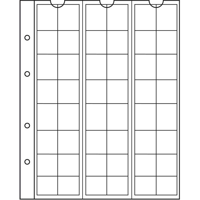 Krystallklare myntark med innlegg, uten kjemiske tilsetningsstoffer og syrer gir trygg oppbevaring av myntene. Arkstørrelse: 193 X 217 mm. Med hvite mellomark av kartong.
48 rom tilpasset mynter opp til 17 mm i diameter.