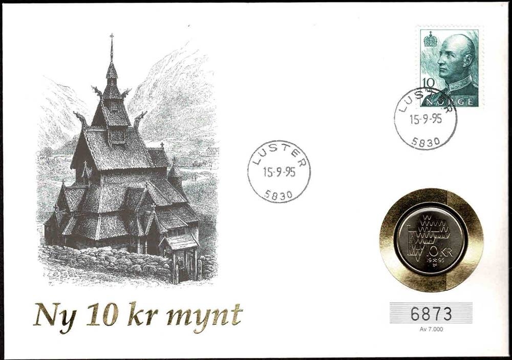 Mynt: 10-krone fra 1995, den andre mynten i Norges nye myntrekke.
Frimerke: 10-krones frimerke med Kong Haralds portrett fra 1993.
Stempel: Luser, myntens utgivelsesdato 15.09.1995.
Opplag: 7.000 Stk. // Bakark medfølger.

