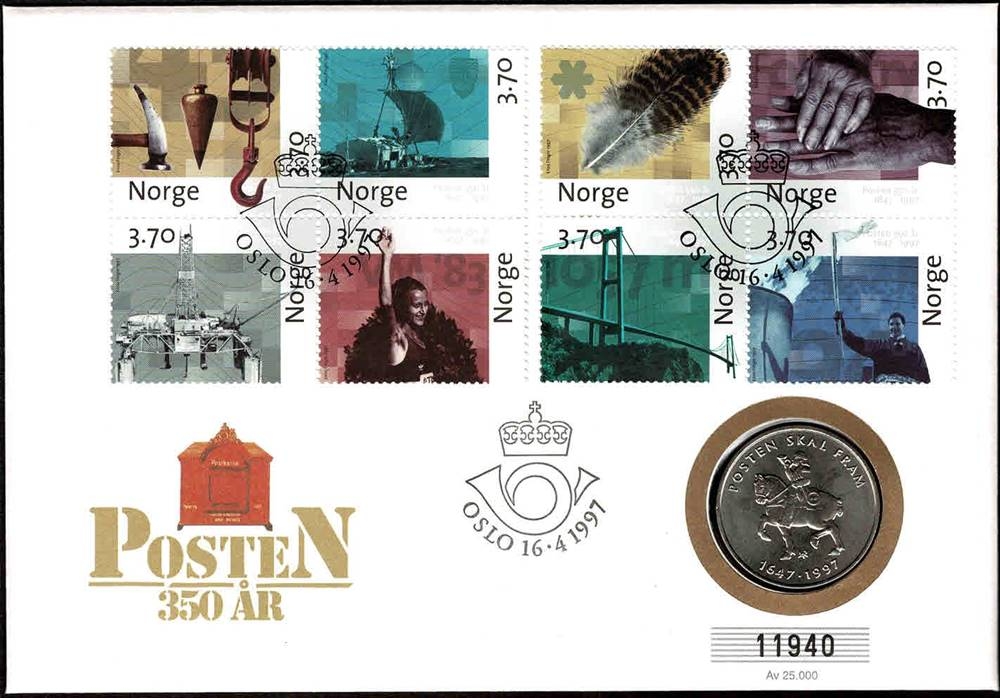 Mynt: Jubileums 5 krone 1997 fra NB utgitt til postjubileet.
Frimerker: 8 norske frimerker utgitt til jubileet.
Stempel: Offisielt førstedagsstemplet, Oslo 16.04.1997.
Opplag: 25.000 Stk. // Bakark medfølger.
