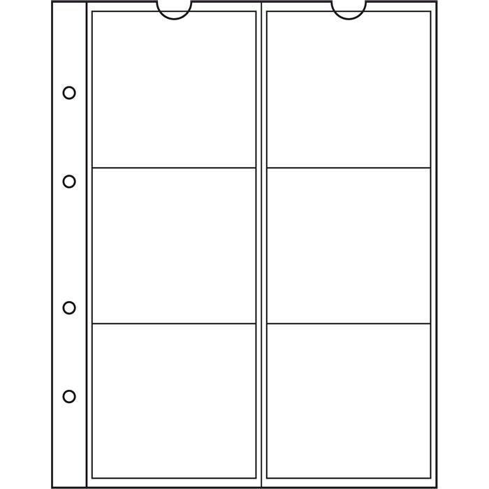 Krystallklare myntark med innlegg, uten kjemiske tilsetningsstoffer og syrer gir trygg oppbevaring av myntene. Arkstørrelse: 193 X 217 mm. Med hvite mellomark av kartong.
6 rom tilpasset mynter opp til 55 mm i diameter.