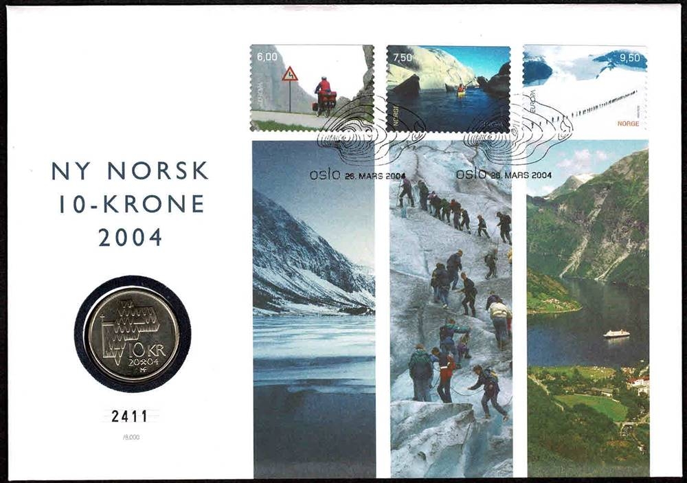 Mynt: Usirkulert 10-krone fra 2004.
Frimerker: Europafrimerker med motiv fra turist-Norge.
Stempel: Oslo, 26.03.2004 på frimerkenes utgivelsesdag og med postens særstempel.
Opplag: 8.000 Stk. // Bakark medfølger.
