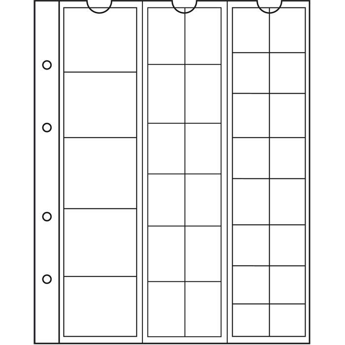 Krystallklare myntark med innlegg, uten kjemiske tilsetningsstoffer og syrer gir trygg oppbevaring av myntene. Arkstørrelse: 193 X 217 mm. Med hvite mellomark av kartong.
33 rom tilpasset mynter opp til 34 mm i diameter.