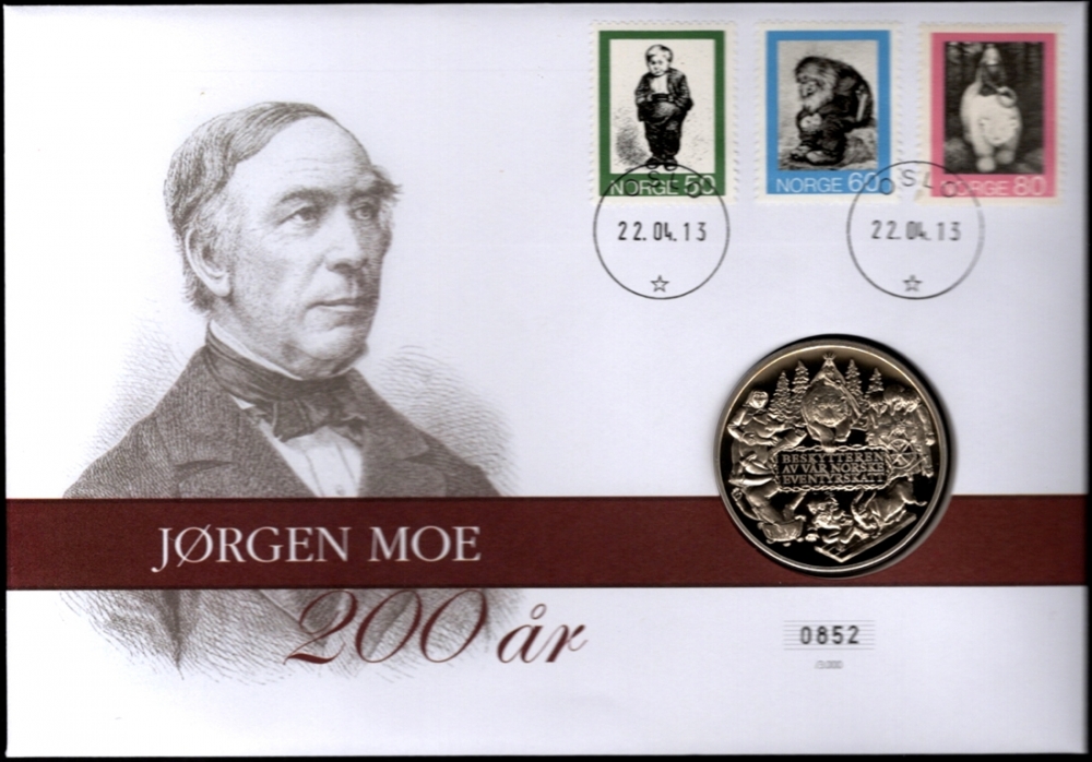 Medalje: Minnemedalje i CuNi25 med motiv av Jørgen Moe og eventyrene
Frimerker: NK 700-702
Stempel: Oslo, 22.04.2013.
Opplag: 3.000 Stk. // Bakark medfølger