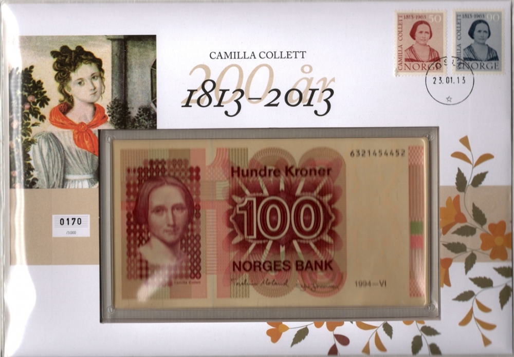 Seddel: Norsk 100 krone, 6 utgave 1977-1994.
Frimerker: NK 530 og NK 531.
Stempel: Oslo, 23.01.2013.
Opplag: 3.000 Stk. // Bakark medfølger.