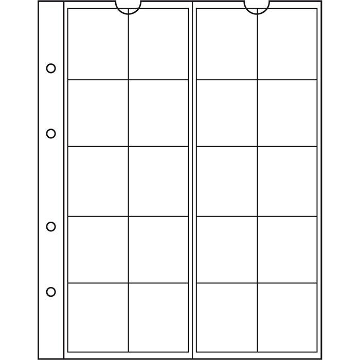 Krystallklare myntark med innlegg, uten kjemiske tilsetningsstoffer og syrer gir trygg oppbevaring av myntene. Arkstørrelse: 193 X 217 mm. Med hvite mellomark av kartong.
20 rom tilpasset mynter opp til 34 mm i diameter.