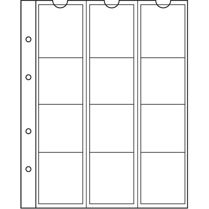 Krystallklare myntark med innlegg, uten kjemiske tilsetningsstoffer og syrer gir trygg oppbevaring av myntene. Arkstørrelse: 193 X 217 mm. Med hvite mellomark av kartong.
12 rom tilpasset mynter opp til 44 mm i diameter.